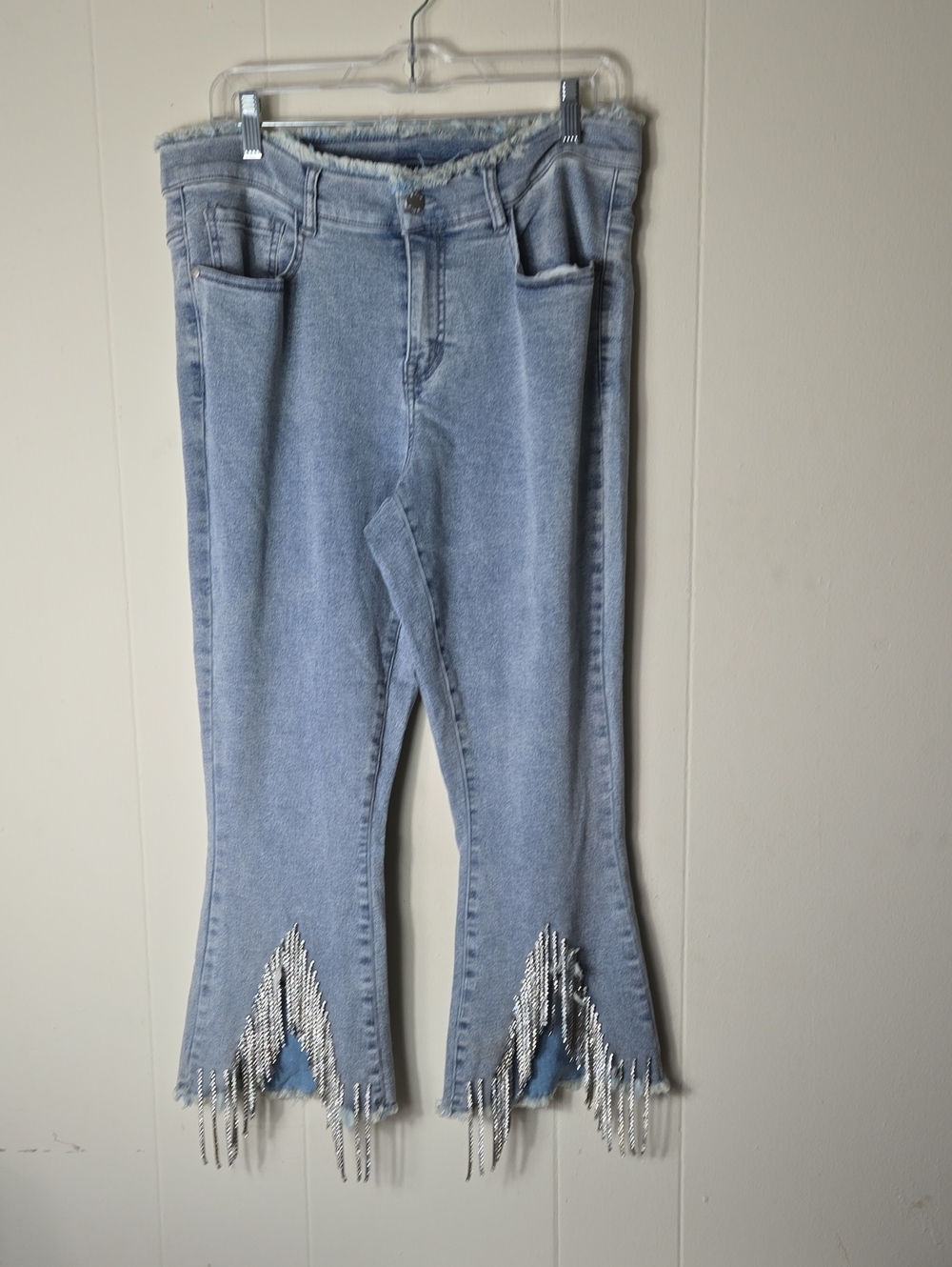 VENUS Light Blue Flare Jeans with Beaded Fringe
